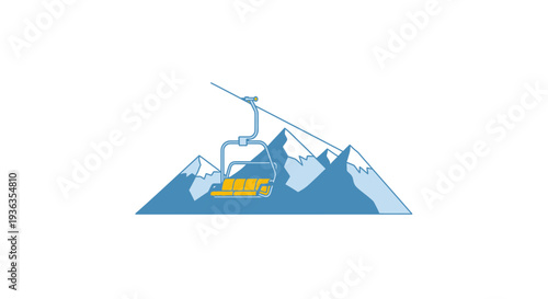 Ski lift chair with yellow seat over snow-capped mountains, minimalist illustration.