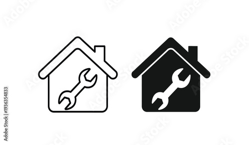 Black and white house icons with wrenches for repair and maintenance services