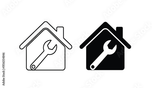 Black and white line icons of house with wrench for repair or maintenance for construction or real estate concepts