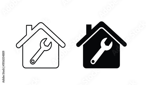 Black and white house icons with wrench tools for repair and maintenance services