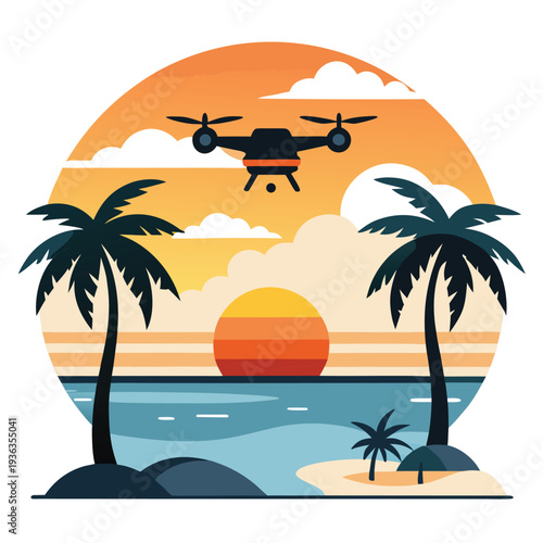 A drone flies over a tropical beach during a vibrant sunset
