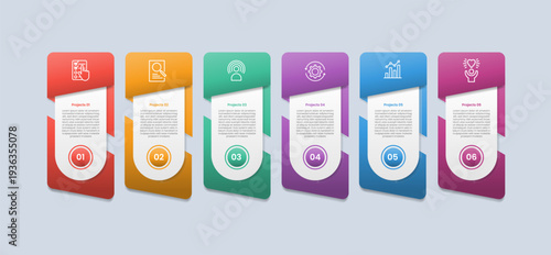 6 points infographic with glossy gradient style with vertical round rectangle with badge ribbon on header and bottom with six segment information