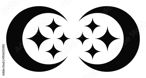 Symmetrical Black Crescent Moons Embracing Sparkling Stars on White Background