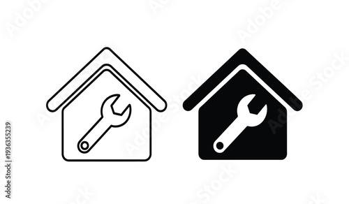 Black and white house icons with wrench tools for repair and maintenance services