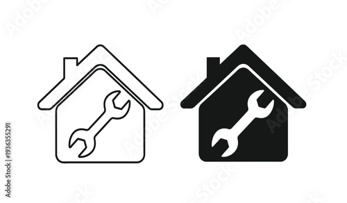 Black and white line icons of house with wrench for repair or maintenance for construction or real estate concepts