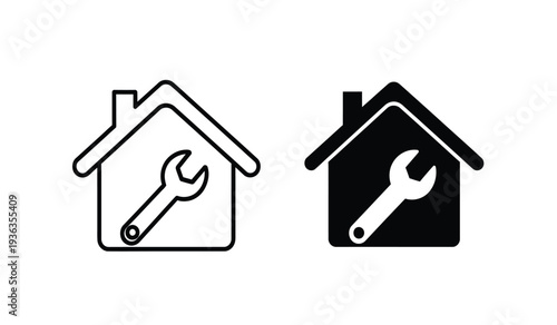 Black and white house icons with wrench tools for repair and maintenance services
