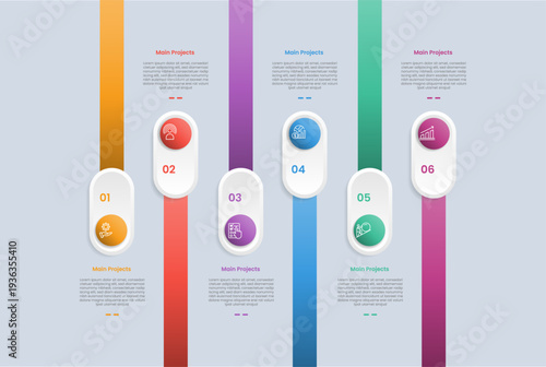 6 points infographic with glossy gradient style with vertical round rectangle with long line upside down with six segment information