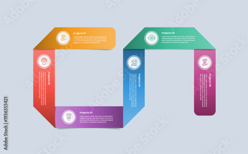 6 points infographic with glossy gradient style with ribbon box flipping up and down movement circular with six segment information