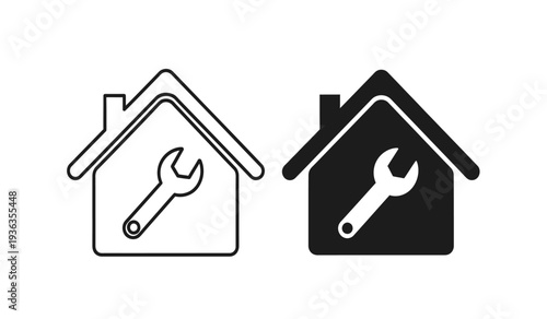 Black and white house icons with wrench tools for repair and maintenance services