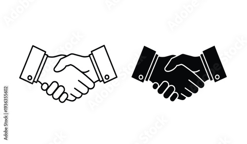 Two hands shaking in black and white line art style for business or partnership concepts