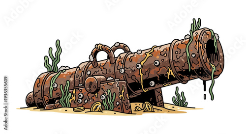 Underwater Rusty Pirate Cannon with Seaweed and Coins