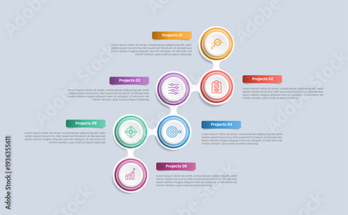 6 points infographic with glossy gradient style with circle combination on growth ladder stacked up with opposite content with six segment information
