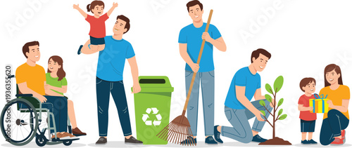 Family volunteering and charity concept with disabled man recycling tree planting and gift giving flat vector illustration isolated on white background
