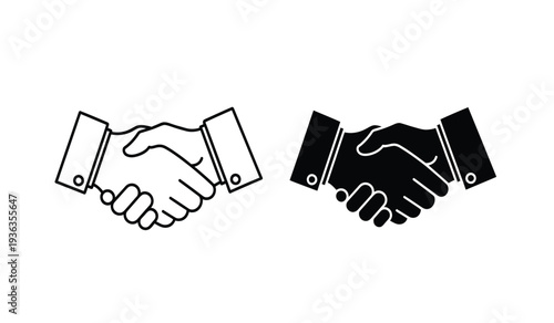 Two hands shaking in black and white line art style for business or partnership concepts