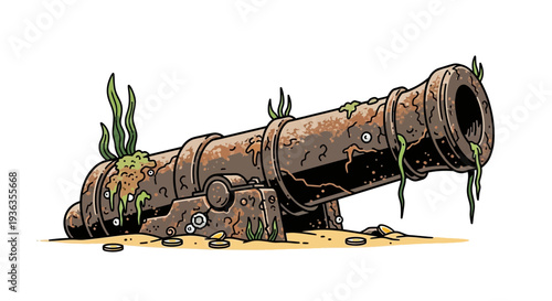 Underwater Cannon on Sandy Seabed with Marine Growth and Coins