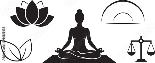 Woman Meditating in Lotus Position with Symbols of Balance