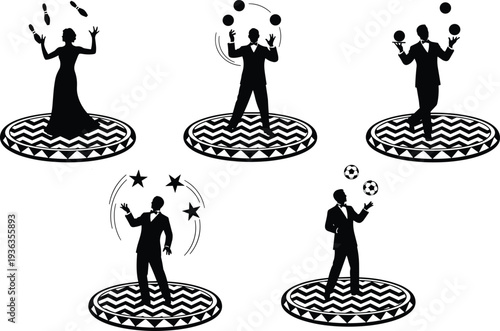 Circus performer juggling balls stars and objects silhouette set, entertainer showman performance vector illustration isolated on white background