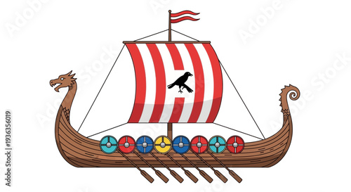 Viking Longship with Raven Symbol and Shields, Red and White Sail