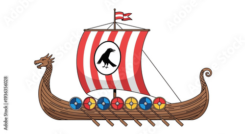 Viking Longship with Raven Symbol and Striped Sail