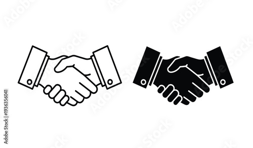 Two handshake icons in black and white on a pure for business or partnership concepts