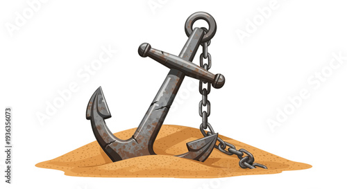 Vintage Anchor Stuck in Sand, Nautical Object, Maritime Symbol