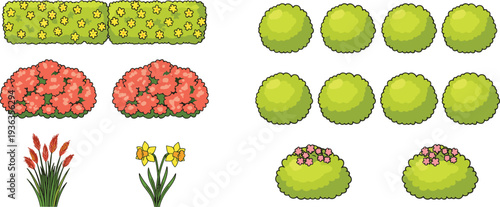Garden bushes shrubs and flowers top view set colorful landscape plant elements vector illustration collection isolated on white background