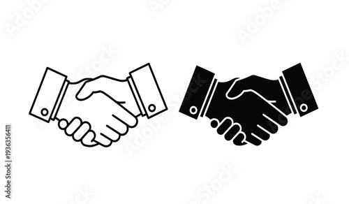 Black and white handshake icons in line art style for business or partnership concepts