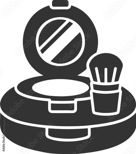 Round Face Powder Case with Cosmetic Brush Icon for Professional Makeup Kits and Beauty Industry Graphics