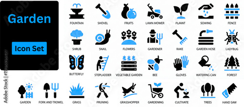 Garden solid icon set. Garden icon set. Containing plant, flowers, trees, watering can, fence, cultivate and gardening icons. Solid icon collection. Vector illustration. Solid icon set. 