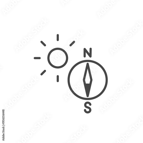 南向き・日当たり良好を示す太陽と方位磁針のベクターアイコン（線画・モノクロ）
