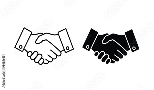 Two hands shaking in black and white line art style for business or partnership concepts