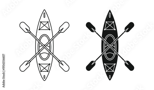 Vector illustration of two kayaks with crossed paddles in black and white on a pure