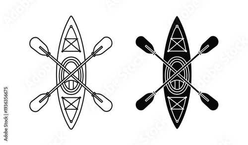 Vector illustration of two kayaks with crossed oars in black and white on a pure