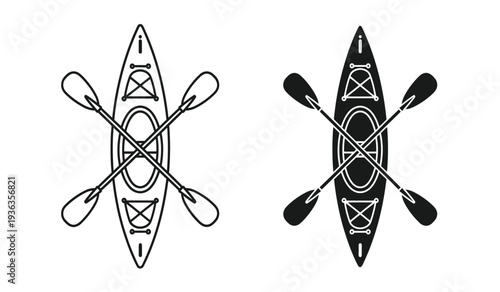 Vector illustration of kayaks and paddles in black and white on a pure