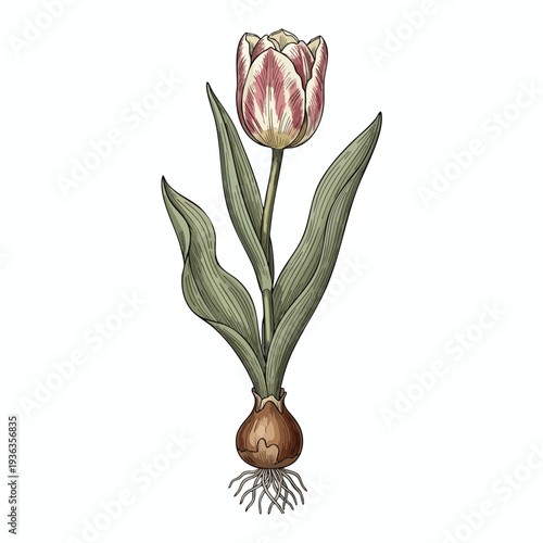 Beautiful Illustrated Tulip Flower Growing with Roots and Leaves