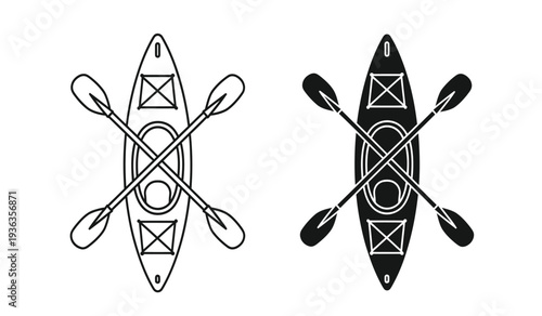 Vector illustration of kayaks and paddles in black and white line art