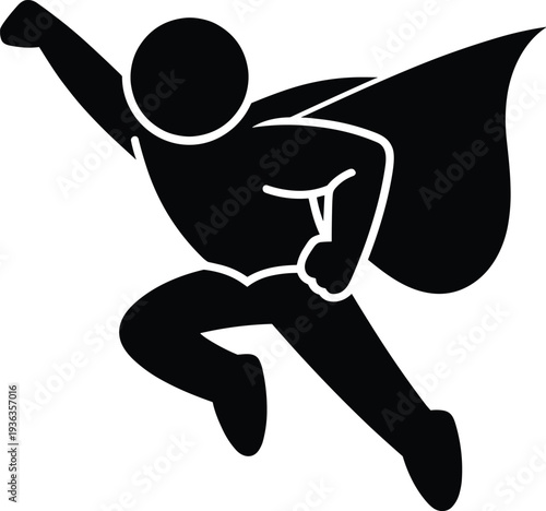Superhero flying silhouette icon with cape comic hero character symbol power action vector illustration isolated on white background