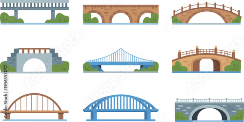 Flat bridge icon set with arch, stone and suspension bridges over river vector illustration collection isolated on white background