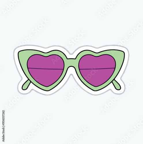 Adorable cartoon illustration of vibrant heart shaped sunglasses featuring light green frames and purple lenses