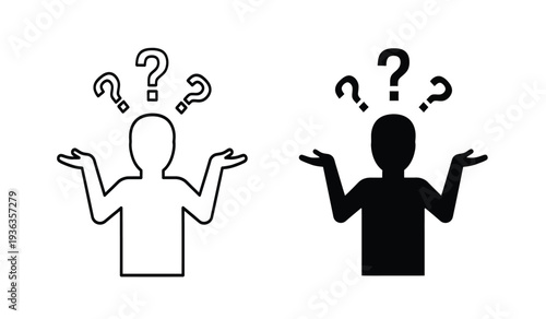 Two confused people with question marks thinking about a problem or question in black and white
