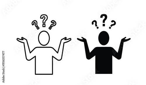 Confused people icons with question marks thinking about a problem or solution in a simple line art style