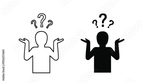 Confused people icons with question marks thinking about a problem or solution in black and white