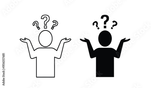 Confused people with question marks thinking and shrugging in black and white