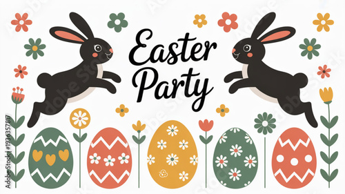 Easter party illustration with black bunnies decorated eggs and flowers on white background for holiday celebration