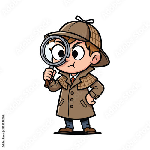 Cute Cartoon Detective Character Holding a Magnifying Glass