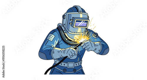 Welder in protective gear sparks bright welding arc, industrial worker illustration