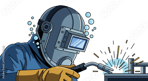 Welder working underwater with sparks flying, industrial safety concept