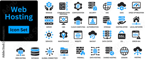 Web Hosting solid icon set. Web hosting icon set collection. pack contain server, domain, cloud, host, data, bandwidth, secure, storage, uptime, backup. Solid icon set. 