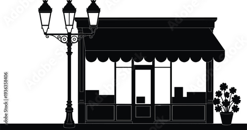 Cafe storefront silhouette with street lamp, coffee shop exterior, small business facade, urban cafe building, restaurant entrance illustration concept