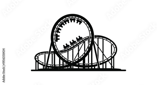 A striking black and white illustration depicts a looping roller coaster design emphasizing its thrilling curves silhouette